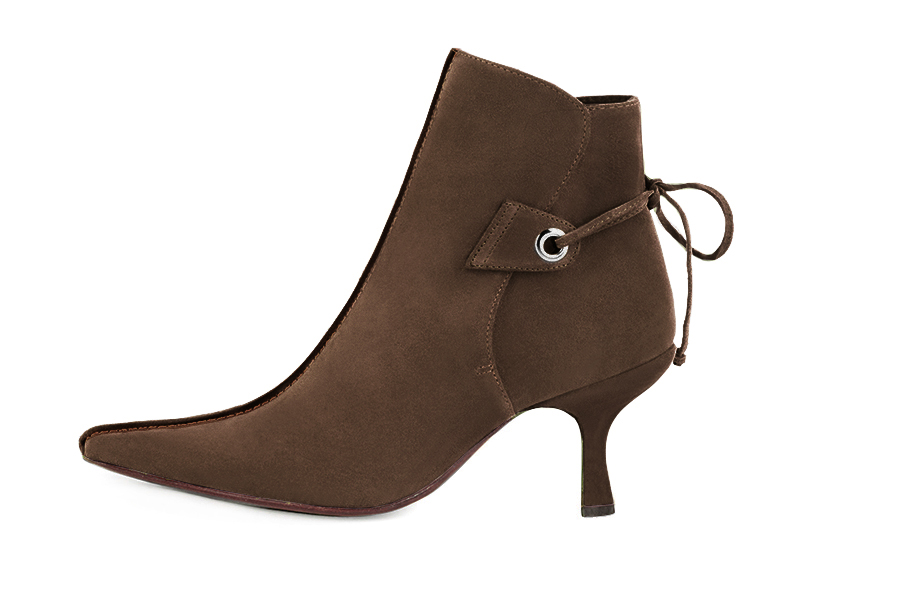 Chocolate brown women's ankle boots with laces at the back. Pointed toe. High slim heel. Profile view - Florence KOOIJMAN